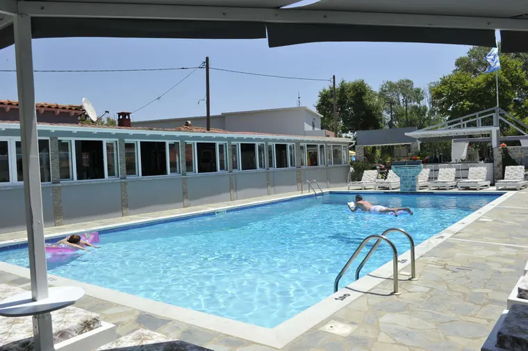 The pool seen from under the canopy